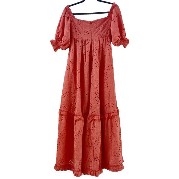 Waimari Belmond Coral Pink Puff Sleeve Eyelet Lace Peasant Maxi Dress Size S - Picture 6 of 9